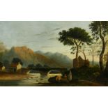 Circle of John Varley (19th Century) A river landscape with houses, a bridge and figures