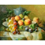 J. Howard (20/21st Century) A pair of still life paintings of fruit, grapes, apples and plums on a