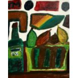 Jamie Moynahan (20th Century) a still life of fruit and a bottle, acrylic on canvas, signed with