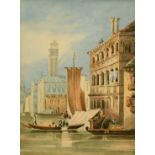 19th Century School, Figures unloading a barge onto a Venetian quay, watercolour, 5" x 4".