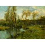 F. Rotig, circa 1892, a river landscape, oil on canvas, signed dated and dedicated, 10.75" x 13.