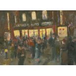 20th Century, figures conversing on a street at night, oil on board, 14" x 18".