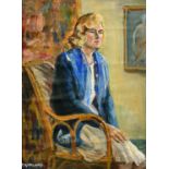 R. Harland (20th Century) Portrait of a seated lady wearing a blue jacket, signed, 16" x 12" along