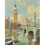 Bert Pugh (1904-2001) British, A view of the Houses of Parliament from across the river, oil on