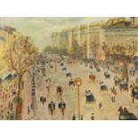 Renee Rogale, 20th Century, figures and horses on a busy Paris Street, oil on board, signed with