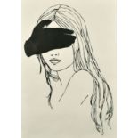 20th Century, A black and white print of a female with her eyes covered, 39" x 28".