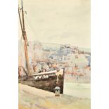 John. W. Wadsworth, A fishing boat tied up in Whitby harbour, watercolour, signed, 14.5" x 9.75", (