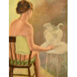 Renee Rogale, 20th Century, a study of a female nude sat beside a jug, signed, oil on board, 17" x