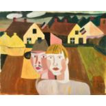 Style of Gustave de Smet, figures in a farm landscape, gouache on paper, bears signature, 15" x 18.