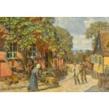 Carl Budtz-Moller (1882-1953) Danish, figures on a street in a coastal town, oil on canvas, signed