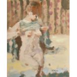 J. Boyer (20th Century), a female nude figure putting her top on, oil on board, signed, 9.75" x
