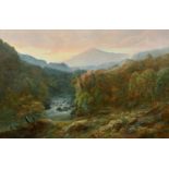 Thomas Finchett (1858-1931) British, A wooded river landscape with sheep grazing and mountains