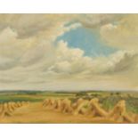 Circle of Arnseby-Brown (20th Century) Corn stooks by a dry stone wall with a flat landscape beyond,