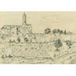 Nehemia Steneel, Two pencil drawings, The wailing wall 9.5" x 13.25" and a fortress, 9.25" x 13.