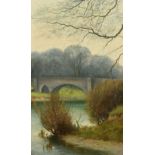 A. Midgley (20th Century) A view from the bank towards the bridge, oil on canvas, 24" x 16",