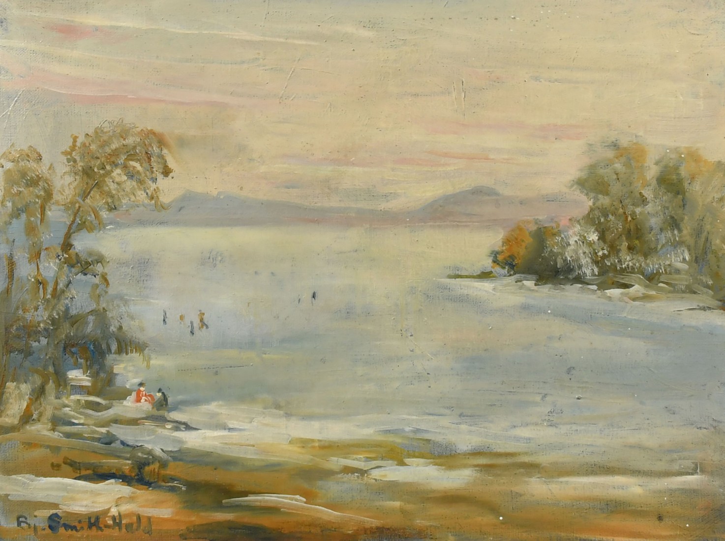 Bjorn Smith Hald (1883-1964) A frozen lake with figures skating, oil on canvas laid on board,
