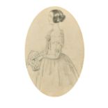 Circle of Edward Matthew Ward, A pencil drawing of a young woman holding a basket of flowers, 6" x