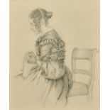 Manner of Ingres, A pencil drawing of a seated lady with needlework, 6.75" x 5.75".