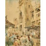 Circa 1886, a scene of figures and a camel by North African buildings, watercolour, indistinctly