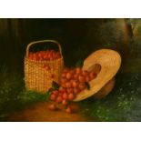 K. Mills (20th Century) A still life of cherries in a basket and strawberries with a straw hat,