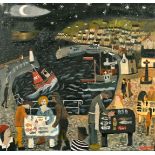 Alan Furneaux (b. 1953) British, figures at fish market at night in Penzance with a sailboat