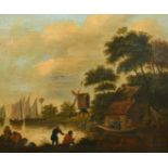 19th Century Dutch School, figures angling with a windmill and sailboats in the distance, oil on