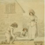 19th Century School, A scene of children playing marbles, pencil and wash, 8" x 8", along with a