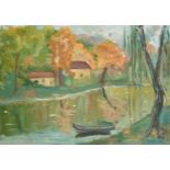 20th Century Continental School, rowing boat on a tree lined lake, oil on panel, 10" x 14", (