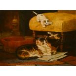 C. Pressit (20th Century) Cat and kittens in an interior by a basket and chair, oil on panel,