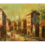 20th Century Paris School, figures in a street with the Basilica of the Sacre-Coeur beyond, oil on