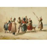 Gustave de Galard (1779-1841) French, figures conversing in a street, watercolour, signed, 4" x 5.