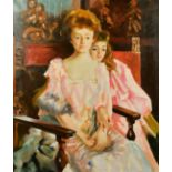 20th Century, Portrait of two young ladies seated in an interior, oil on canvas, 30" x 25".