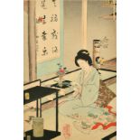 Toyohara Chikanobu (1838-1912) Japan, lady cutting flowers in a temple, woodcut in colours, 14" x