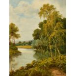 Wilberforce (early 20th Century) A summer river scene with trees, bracken and reeds, oil on