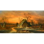 Horst Baumgart (b.1932) A homestead on the river in winter with the sun setting, oil on canvas,