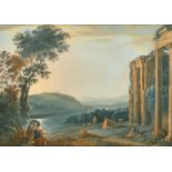 19th Century, A classical Italian landscape with figures by ruins and a figure with goats beside a