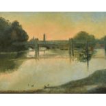 James Dring (1905-1985) British, a river landscape with bridges, oil on canvas, signed, 16" x 20".