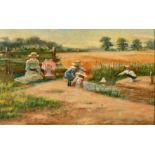 Marie Lefevre (19th Century) French, a mother and her children playing beside a river, oil on paper,