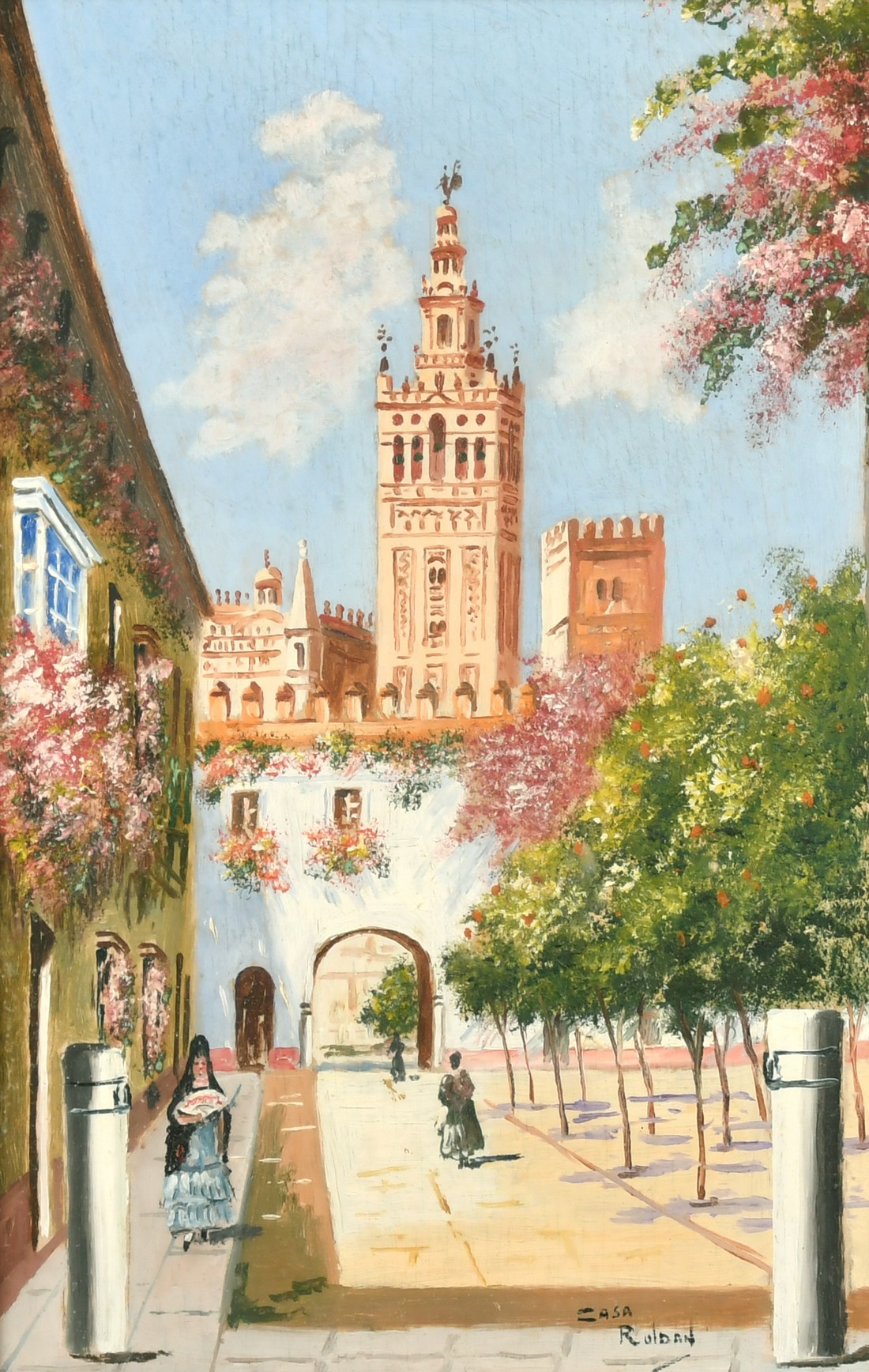 Enrique Roldan (19th Century) Spanish 'Patio de Banderas, Seville', oil on panel, signed inscription