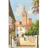 Enrique Roldan (19th Century) Spanish 'Patio de Banderas, Seville', oil on panel, signed inscription