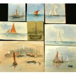 Attributed to Charles Butler Stoney, eight watercolours and a pencil drawing, harbour and yachting