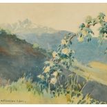 N.J. Burton (20/21st Century) 'Wild roses and a snowy mountain' watercolour, signed, inscription