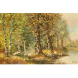 Heinrich Tirolf (20th Century), a tree lined river landscape, oil on canvas, signed, 24" x 36".