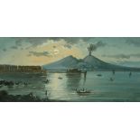 Neapolitan School, a scene of a smoking Vesuvius by moonlight, gouache, indistinctly signed, 3.75" x