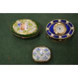 Miniature porcelain boxes, one fitted with a clock.