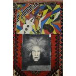 Two modern paintings depicting Andy Warhol and a circus, oil on board, unframed.