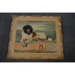 A study of a Newfoundland dog reclining by a coastal landscape, oil on canvas.