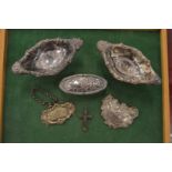 A pair of silver pedestal sauceboats and other items.