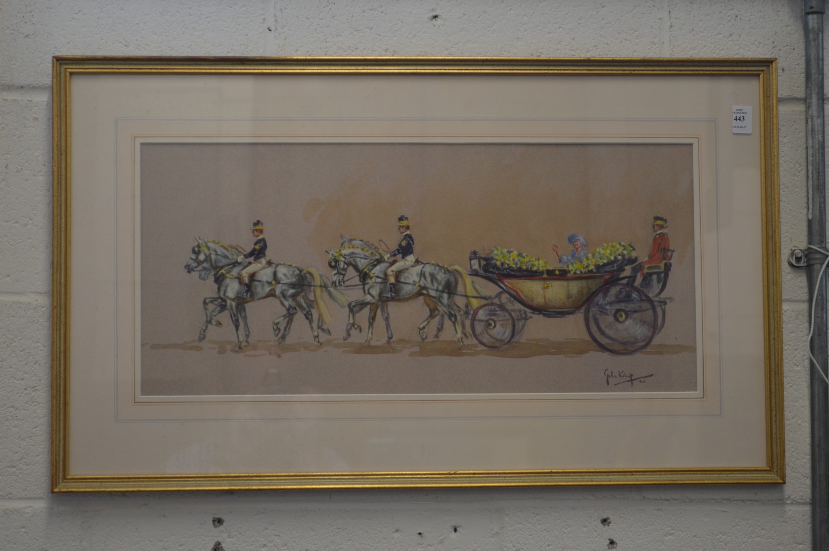 John King, a scene of the Queen Mother in an open top horse-drawn carriage, watercolour.