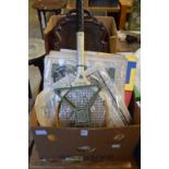 Miscellaneous collectables to include an old tennis racquet, carved wood trays etc.